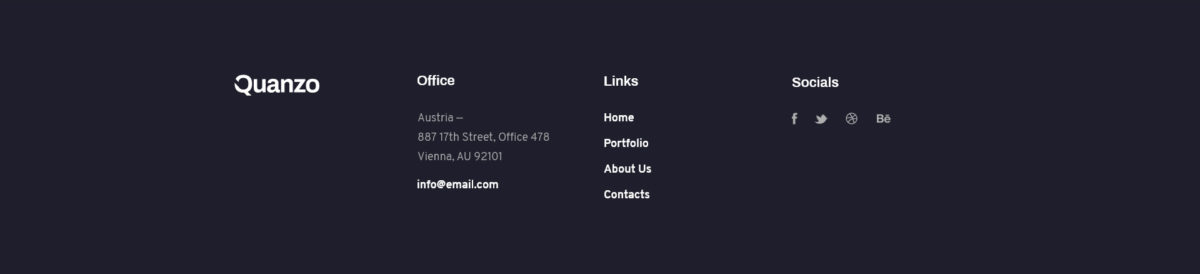 Footer dark with address and socials